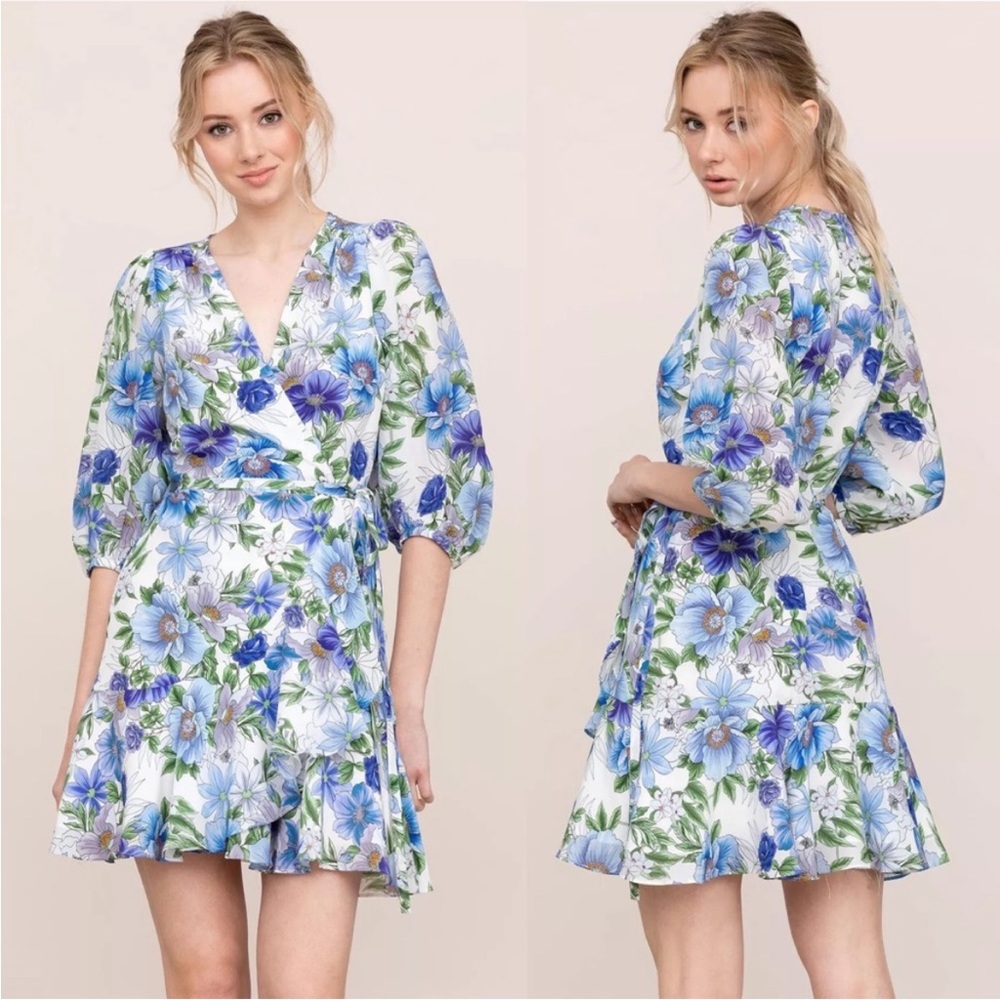 Yumi Kim Love Wins Floral Print Silk Mini Wrap Dress Oahu White